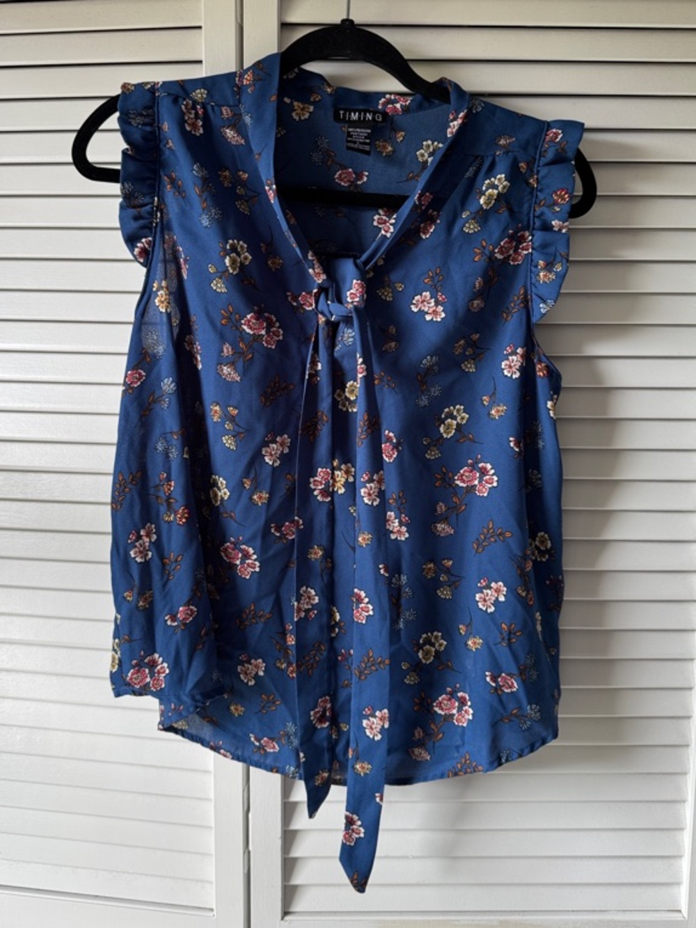 Timing Navy Blue Floral Tie-Neck Ruffle Sleeve Top